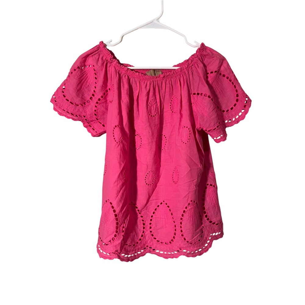 Free For Humanity Women's Blouse Pink Puff Sleeve Eyelet Lace Tear Drop Italy